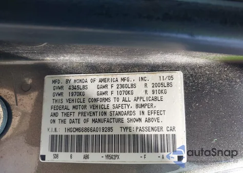 2006 Honda Accord 3.0 Ex z USA, uszkodzony, nr VIN 1HGCM66866A019285